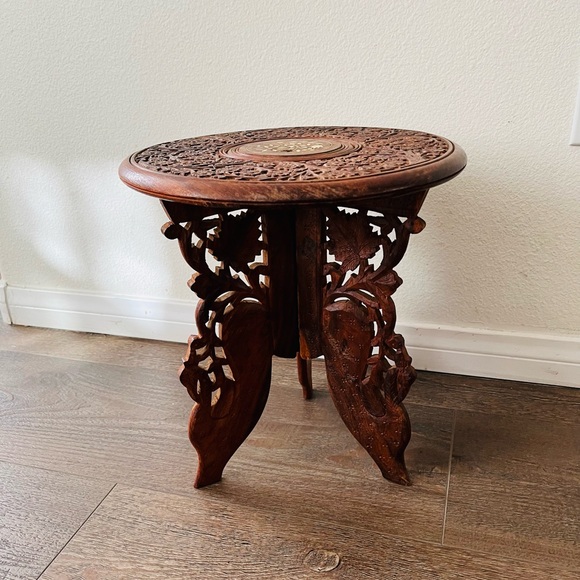 Other - Vintage Indian Hand Carved Wooden Folding Side Table 13 Inch Tall